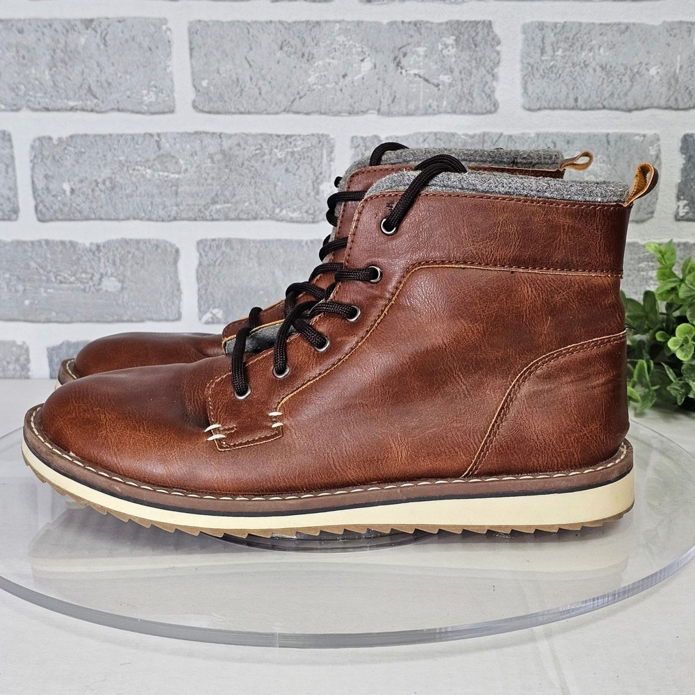 Old Navy Faux‎ Leather Ankle Boots Men's 6 Brown Lace Up Fleece Lined Winter